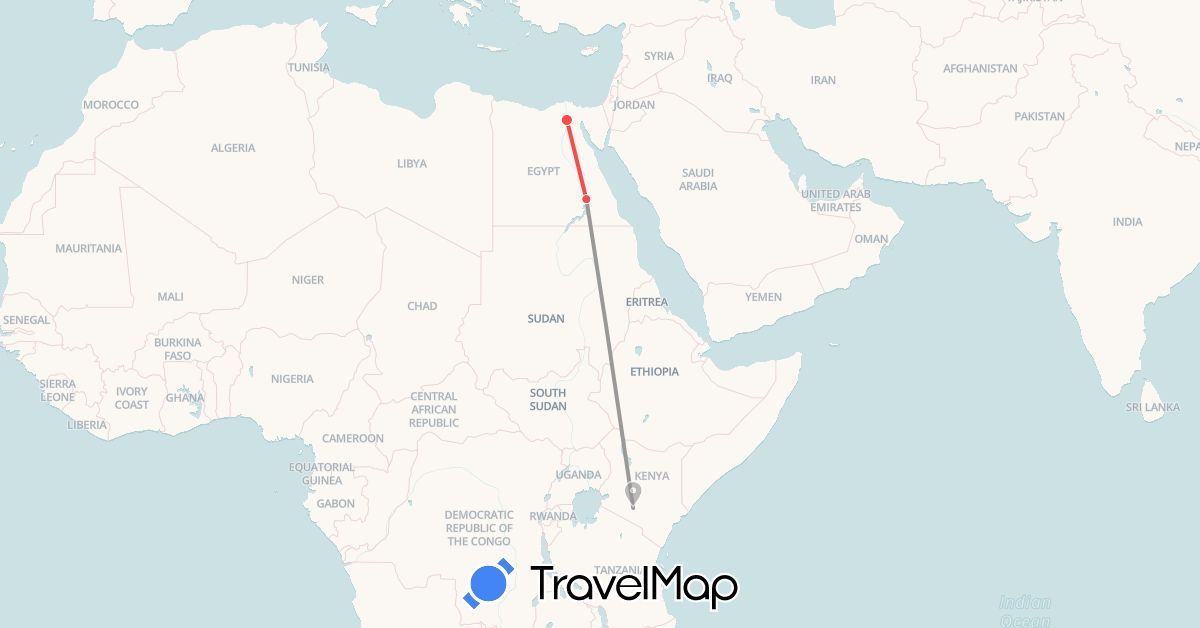 TravelMap itinerary: driving, plane, hiking in Egypt, Kenya (Africa)